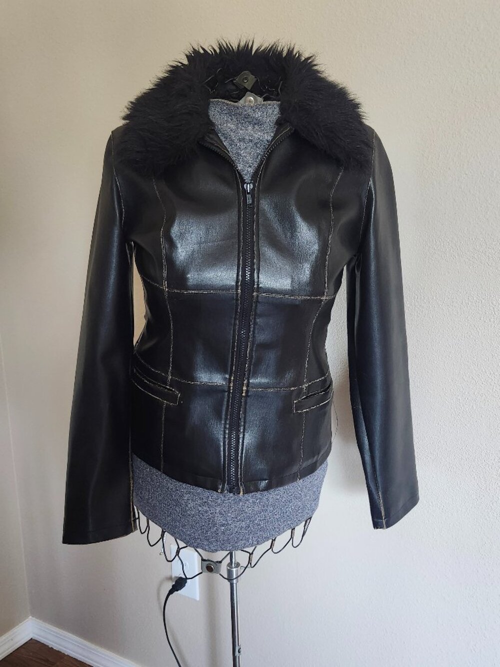 Biker-inspired Distressed Faux Leather Jacket. Black. Size M